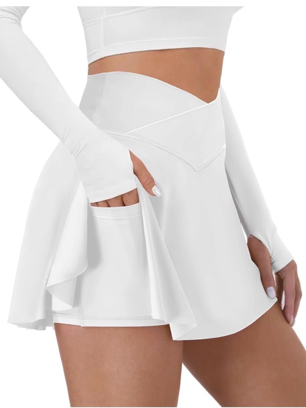 White High-Waist Flared Mini Skirt with Pocket